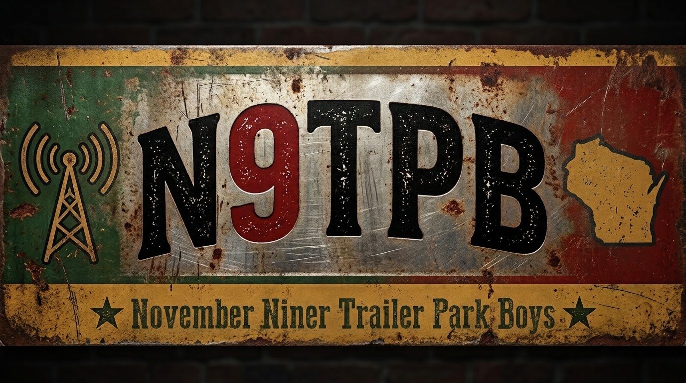 Rusted Wisconsin license plate reading N9TPB — November Niner Trailer Park Boys, Est. 2001, Madison, WI